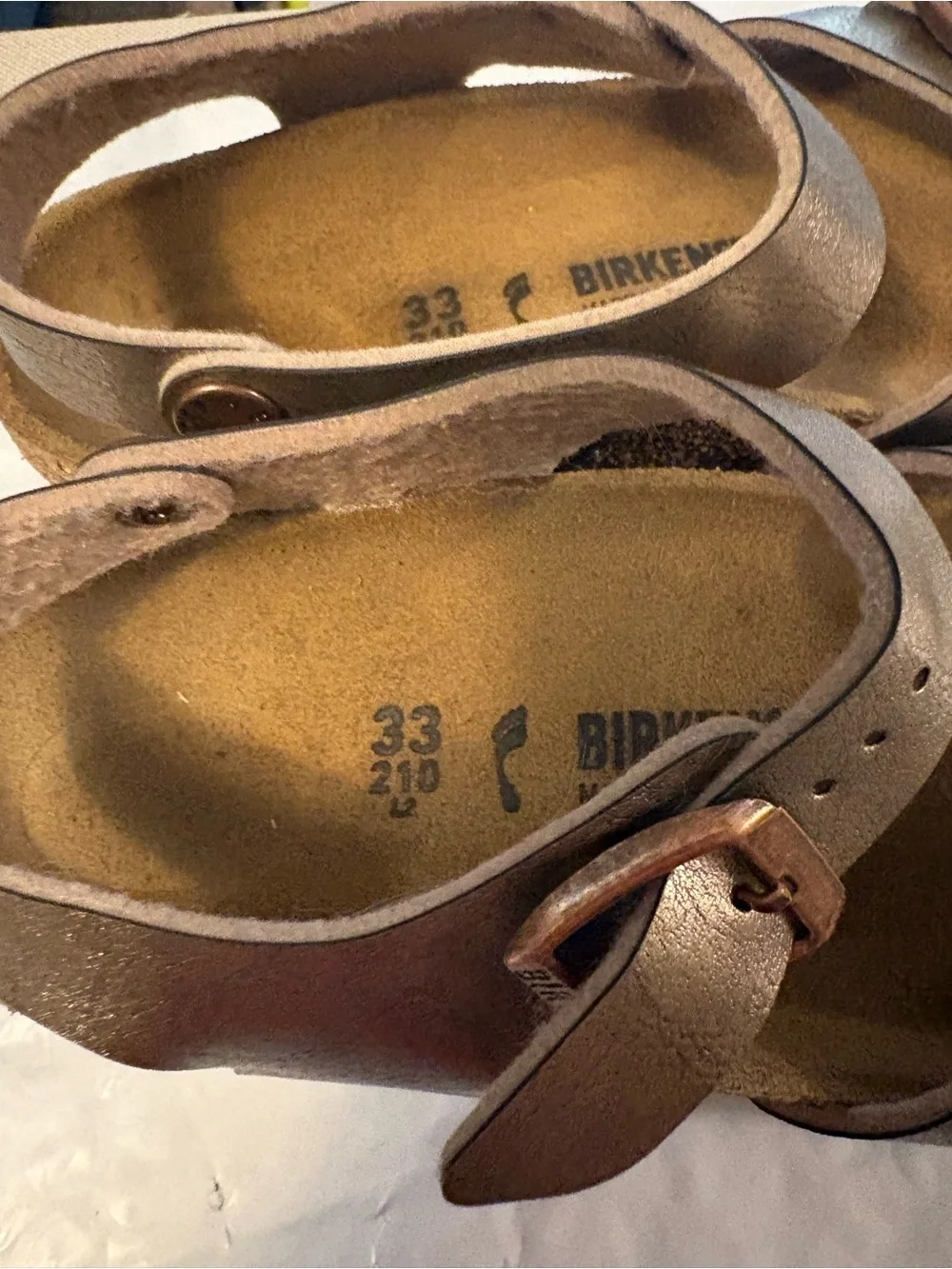 Birkenstock Kids Metallic Rose Gold Two-Strap Buckle Sandals